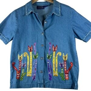 VTG Willow Ridge Medium Blue Denim Embroidered Cat Shirt Short Sleeve Cottage